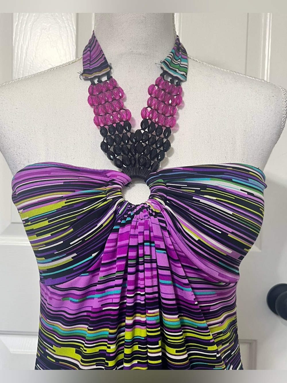 Vibrant Beaded Halter Maxi Dress Multicolored Abstract Striped Whimsigoth Chic